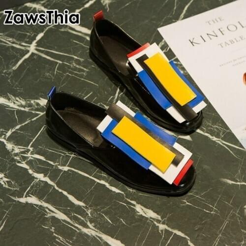 ZawsThia 2020 New Fashion Patent Leather Designer Loafers Women Casual Slip On Flat Shoes Geometric Decoration Comfortable Flats