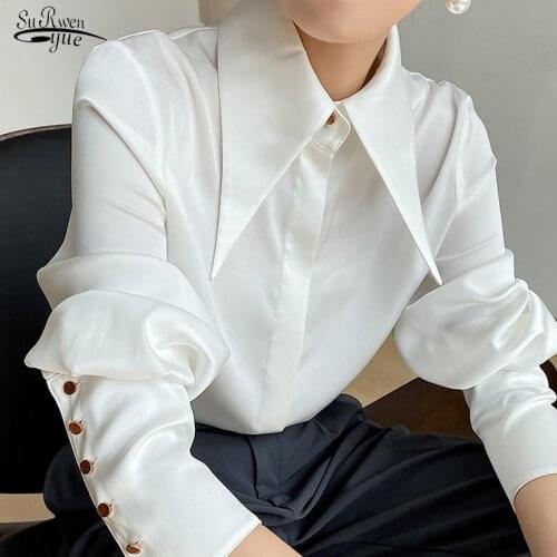 Spring Autumn Vintage Turn Down Collar Female Blouse Elegant Satin Silk Women Shirts White Office Ladies Shirt Tops Blusas 16946