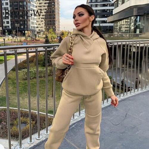 Women Hoodies Apricot Long Sleeve Fleece Warm Hooded Sweatshirt and Pants Two Piece Suit Casual Sport Tracksuits Set Spring 2021