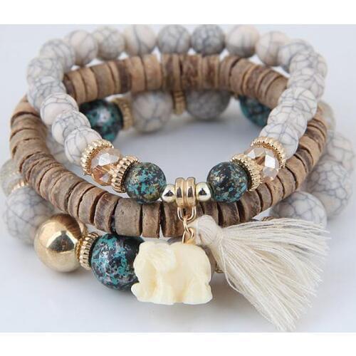 3pcs/set Wooden Beads Bracelets For Women Bohemia Elephant Tassel Charm Bracelets & Bangles Set Boho Vintage Jewelry Femme