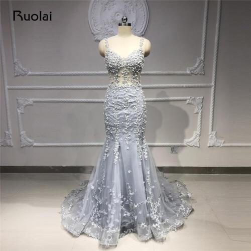 Smoke Blue Evening Dresses Long Straps Applique Beaded Lace Mermaid Prom Dress 2019 Formal Evening Gown Vestido de Fiesta SN27