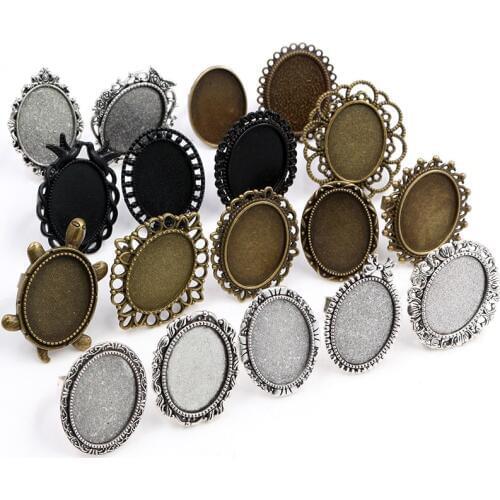 18x25mm 5pcs Antique Silver Bronze Plated Mixed Styles Oval Adjustable Ring Settings Blank/Base,Fit Oval 18*25mm Glass Cabochons