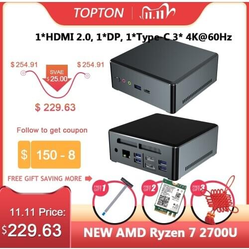 2020 TOP New AMD Mini PC Ryzen 7 2700U Quad Core Vega 8 Graphic 2*DDR4 M.2 NVME Gaming Computer Windows 10 4K HDMI2.0 DP AC WiFi