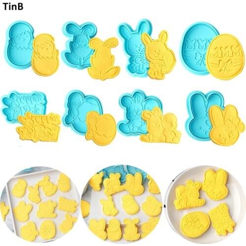 4Pcs DIY Easter Bunny Plastic Baking Mold Kitchen Easter Egg Biscuit Cookie Cutter Pastry Plunger Fondant Cake Decorating Tools