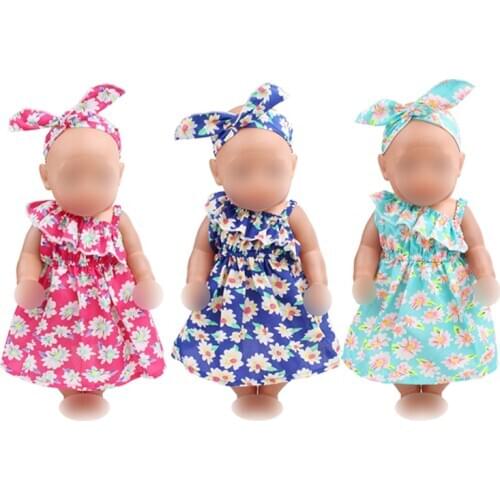 43 cm baby dolls Dress newborn Fashionable printed dress + headband Baby toys skirt fit American 18 inch Girls doll f515