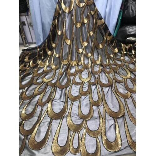 Free shipping (5yards/pc) high quality African sequins tulle lace fabric black and gold French net lace for party dress FL3959