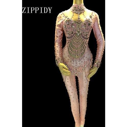 Sparkly Crystals Pearls Jumpsuit Womens sexy Pink Leggings Bodysuit Costume Dance Stage Wear Female Singer Stretch Outfit