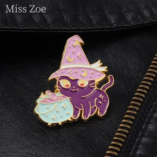 Custom Witch Cats Treasure Chest Enamel Pins Animal Brooches Purple Anime Lapel Pins Metal Gothic Badge Jewelry Gifts Wholesale