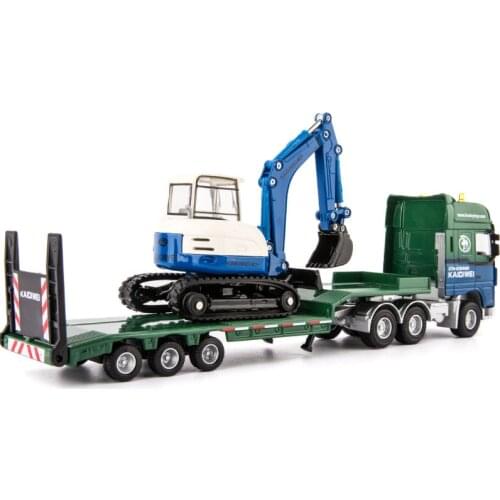 Diecast 1/50 Scale Alloy Flatbed Trailer With Excavator Bulldozer Truck Simulation Alloy Engineering Vehicle Collection Model