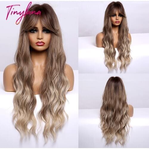 TINY LANA Wo Long Body Wavy Women Wigs Brown to Blonde Ombre Synthetic Wigs with Bangs Natural Hair Cosplay Heat Resistant Wigs