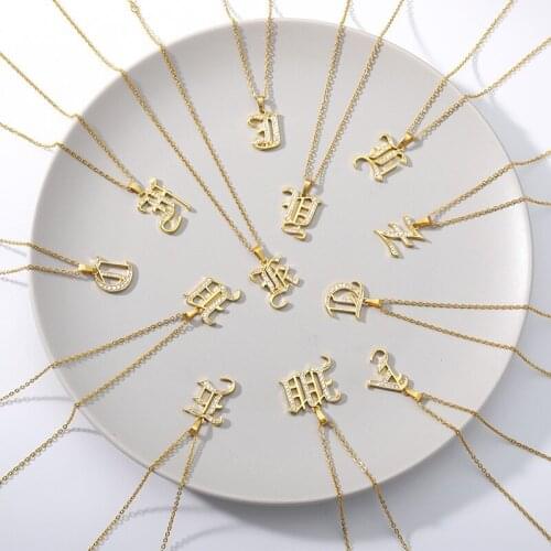 Minimalist Stainless Steel Necklace Engraved Old English Initial Letter Pendant Necklace Gold Rhinestone Alphabet Charms Choker