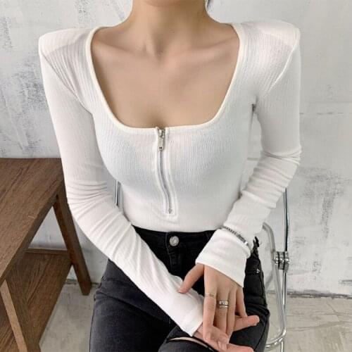 New Fashion Zipper Square Collar Long Sleeve Slim T-shirt Autumn Winter Women Base Shirt White Shoulder Pad Ladies Cotton Tops