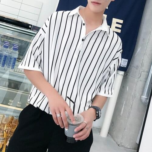 YASUGUOJI New 2019 Summer Fashion Vertical Striped Shirts for Men Loose Polyester Mens Shirt Mens Half Sleeve Dress Polo Shirts