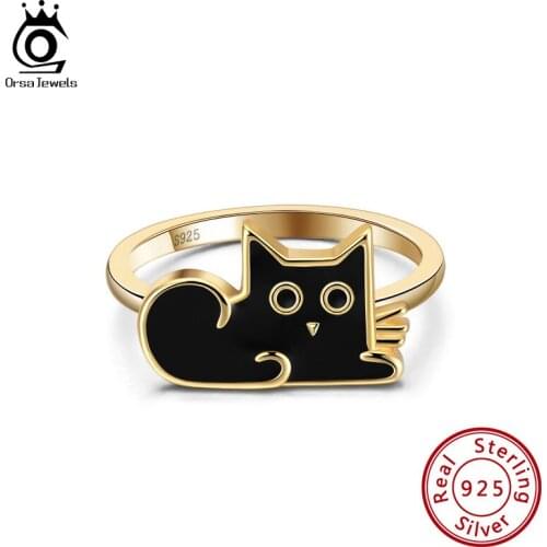 ORSA JEWELS 925 Sterling Silver Rings Cat Shape Black Enamel Gold Plated Finger Ring Meticulous Jewelry For Female Dating EQR06