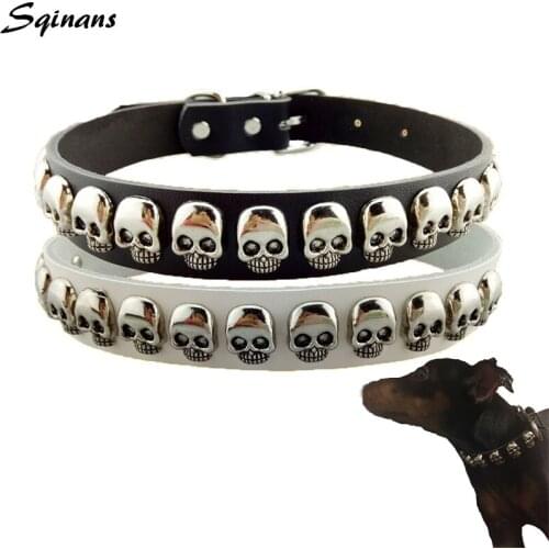 Sqinans Skull Studded Pet Dog Collar Soft Genuine Leather Cat Collars Adjustable Pet Necklace Accessories For Small Medium Dogs