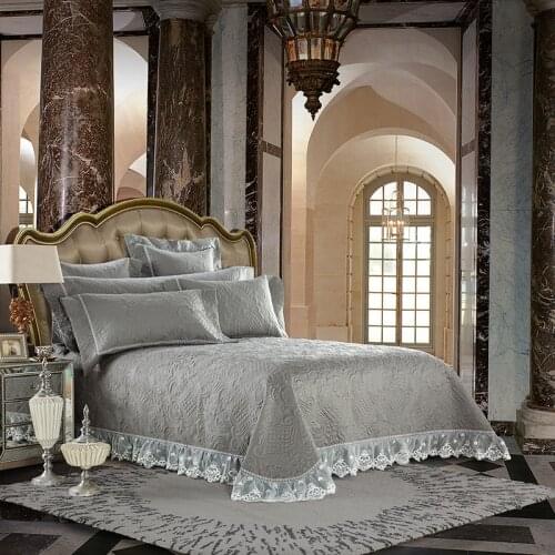 Gray Quilted Bedspread Set Luxury Double Lace Decor king size Coverlet 3/5pcs Bed Cover Pillowcase Softer breathable Bedding