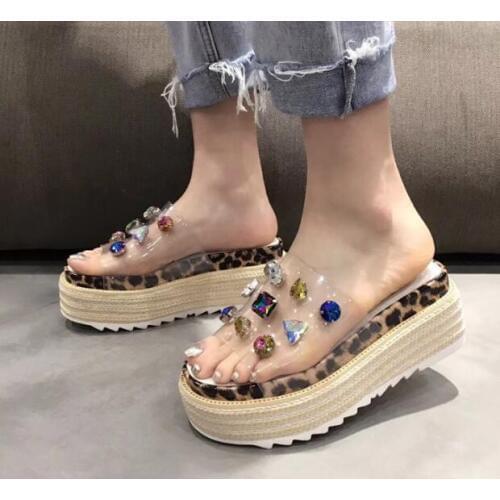 Carpaton Summer Newest PVC Patchwork Crystal Embellished Flat Platform Sandals Colorful Rhinestones Slides Outdoor Woman Shoes