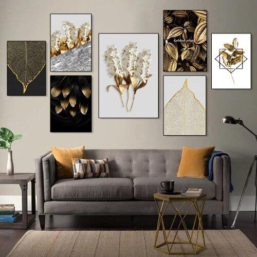 Nordic Golden Abstract Leaf Flower Canvas Painting Prints and Posters Wall Art Cafe Bar Home Living Room Decor (No Frame)