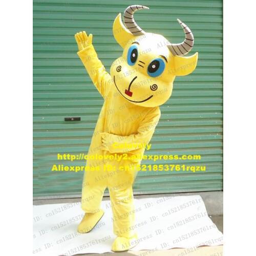 Smiling Water Buffalo Kerbau Bison Wild Ox Bull Cattle Calf Mascot Costume Adult Cartoon Whole Body Yellow Eyes Blue ZZ3613