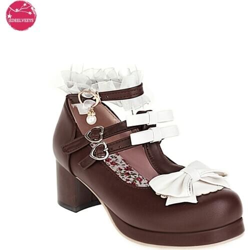 Lolita Shoes Women Low Round with T Straps White Bow Cute Girls Princess Tea Party Shoes Students Lovely Pumps Size 34-48