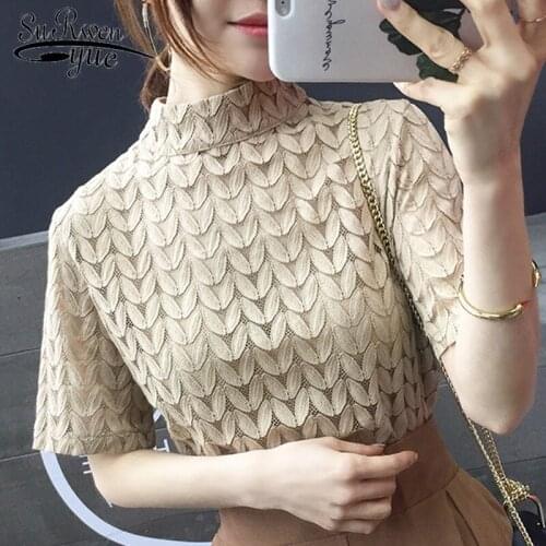 Summer Women Blouses 2021 Womens Korean Clothing Short Sleeve Shirts Women Lace Blouse Solid Women Tops Fashion 4399