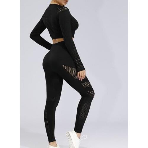 LANTECH Sports Suits Set Women Yoga Sets Gym Fitness Athletic Pants Sportswear Leggings Shirt Seamless Sports Hollow Out