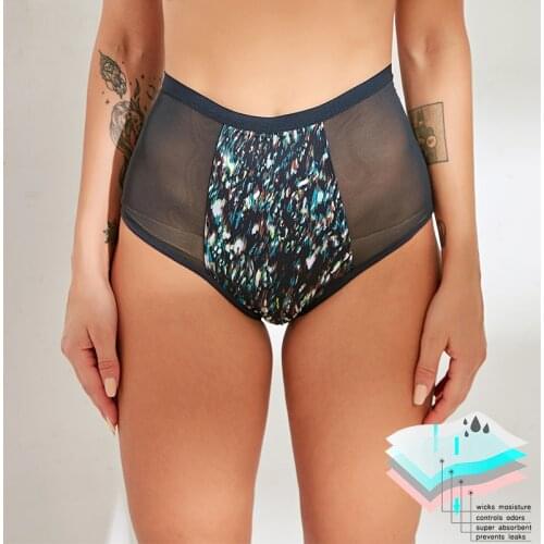 Women Period Panties Menstrual Underwear Sexy Mesh 4-Layer Leakproof Heavy Absorption Reactive Printing Briefs