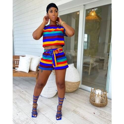 Casual Streetwear Colorful Striped Short Tracksuit Women Sportswear T Shirts Crop Top + Bandage Biker Shorts Slim Two Piece Set