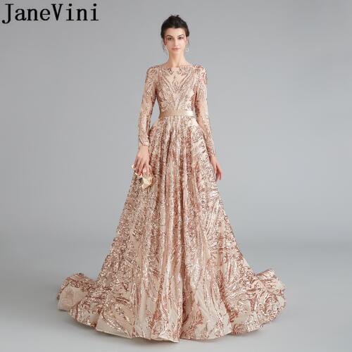JaneVini Saudi Arabia Long Sleeve Evening Dresses 2019 Sparkly Gold Sequin Formal Gown Arabic Dubai A Line Backless Prom Dress
