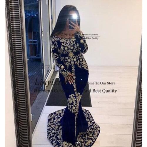 New Arrived Mermaid Caftan Evening Dresses Arabic Long Sleeve Velvet Lace Prom Gowns Karakou Formal Evening Party Dress 2021