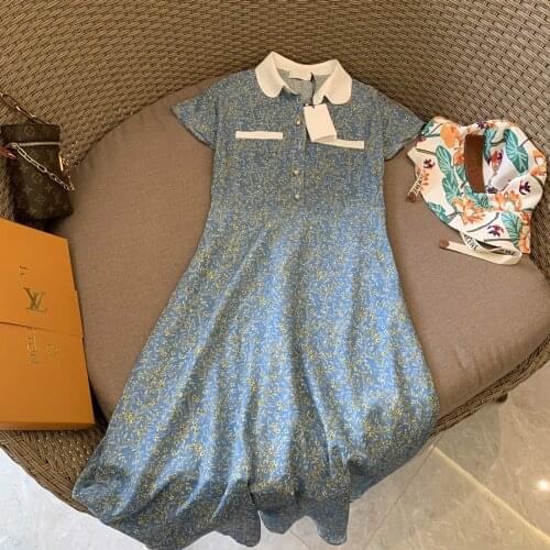 Brand Womans Dress High-end 2021 New Summer Floral Printed Silk Up Lapel Flying Vintage Holiday Short Sleeve Dresses