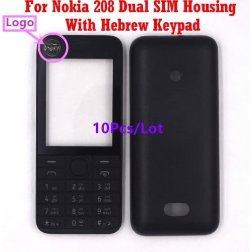 10Pcs/Lot For Nokia 208 Single / Dual SIM Card New Mobile Phone housing Cover Case + Engilish / Russian / Hebrew Keypad