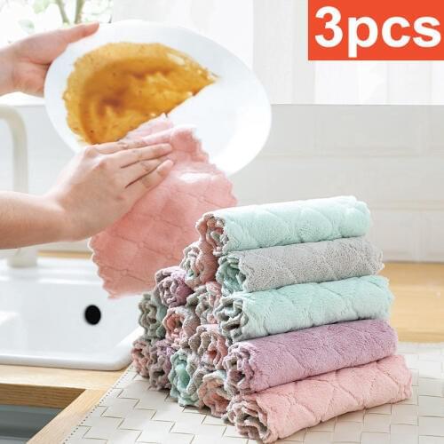 3pcs Rag Cleaning Cloth Super Absorbent Microfiber Kitchen Dish Washing Dishcloth Double Side Tableware Household Cleaning Towel