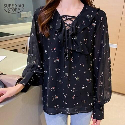 Long-sleeved Loose Lotus Leaf Collar Womens Blouses Autumn Fashion Floral Chiffon Shirts Elegant All-match Womens Blouse 16371