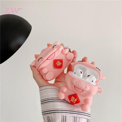 3d Chinese characters pink cow case for airpods 1 2 bluetooth headset case for air pods cute silicone protective cover keychain
