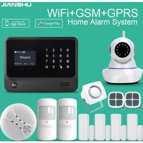 GSM Wifi home security intruder alarm system mobile phone app control wireless security system with IP cameras smoke detector