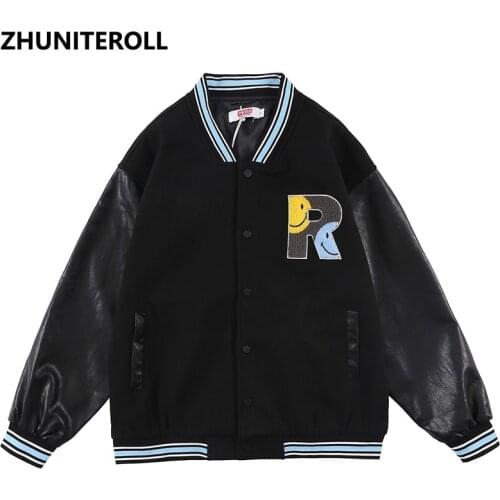 PU Leather Patchwork 2021 Bomber Jackets Harajuku Embroidery Baseball Jacket Coats Streetwear Hip Hop Fashion Casual Outerwear