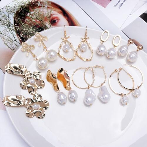 New Design Metal Earrings Gold Geometric Irregular Circle Square Natural Freshwater Pearl Stud Earrings for Women Girl Gift