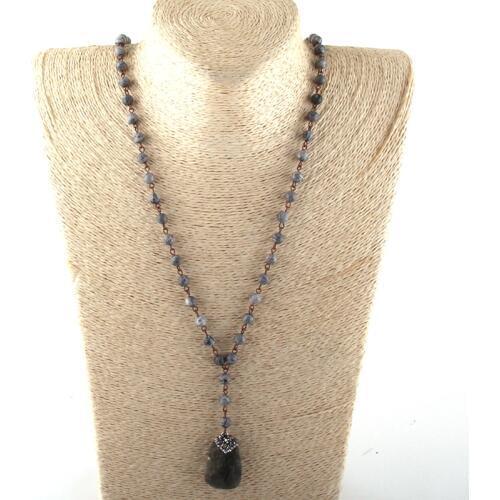 Fashion Bohemian Tribal Jewelry Rosary Chain Handmake Paved Stone Pendant Necklace