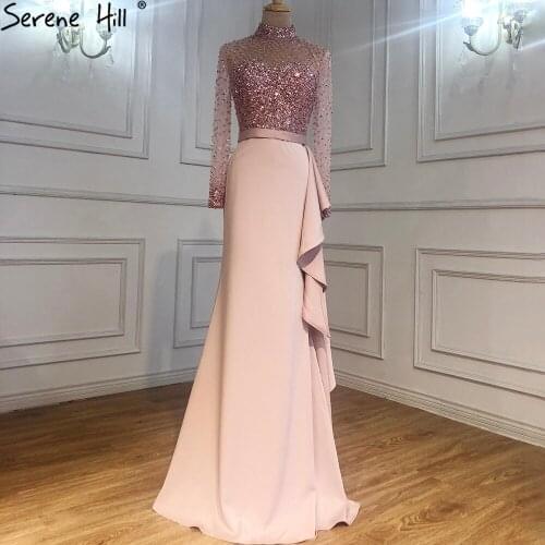 Muslim Luxury Blue Long Sleeves Prom Dresses 2020 High Neck Sequined Ruffles Prom Gowns Serene Hill BLA70035