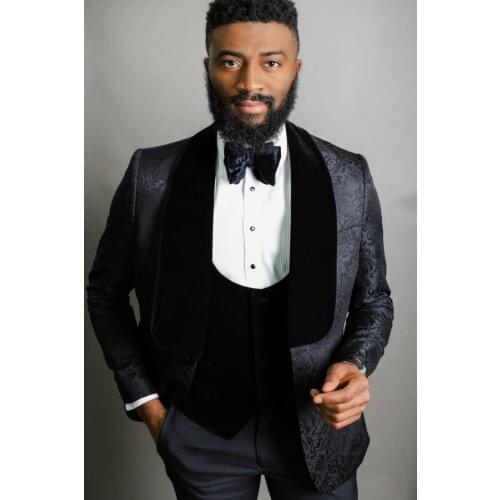 One Button Men Suits Black Pattern Groom Tuxedos Shawl Velvet Lapel Groomsmen Wedding Best Man ( Jacket+Pants+Vest+Tie ) C719
