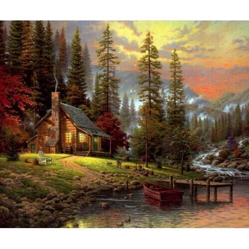 WUYU 5D DIY Diamond Painting Full 14/11CT CROSS STITCH Square/Round Drill L3738 Landscape Cabin 30x25 Embroidery Cross Stitch
