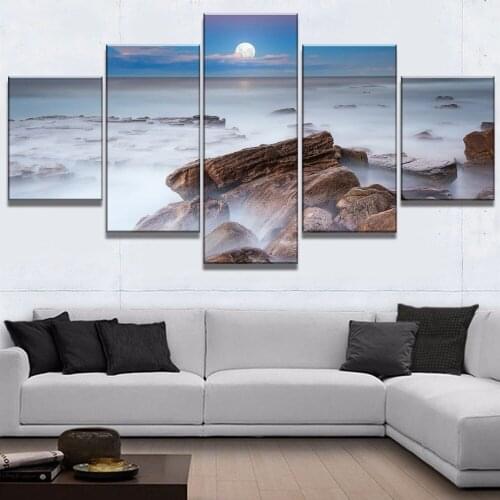 Wall Art Decor 5 Piece HD Print Moon Misty Cliff Poster Modern Decorative Paintings Canvas Wall Art Home Living Room Decorations