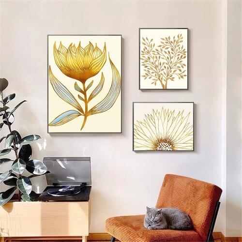 Nordic Golden Flower Plant Wall Art Canvas Painting Tree Art Print Petal Poster Botanical Pictures Modern Living Room Home Decor