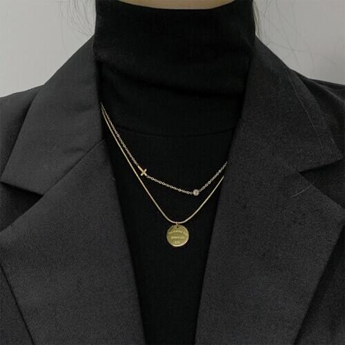 TIMEONLY Simple Double Layering Titanium Steel Coin Letter Pendant Necklace for Women Girl Cross Shinning Rhinestone Necklace