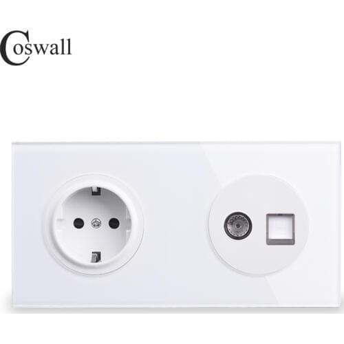 Coswall Crystal Tempered Glass Panel EU Wall Socket + Female TV Connector With CAT5E RJ45 Computer Jack 172*86mm R11 Series