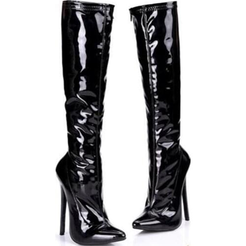 Black Patent Leather Sexy Pointed Toe Knee High Boots Stiletto 16CM High Spring Boots Woman Night Club Dress Long Boots