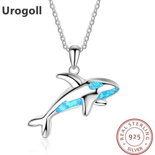 Genuine 925 Sterling Silver Fine Jewelry Blue Opal Little Whale Pendant Necklaces For Women Anniversary Silver 925 Jewelry Gifts
