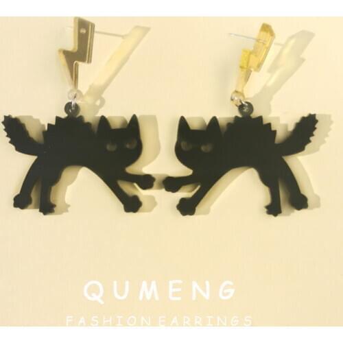 QUMENG 2020 Halloween Acrylic Lightning Dangle Earring Laser Cut Out Lighting Black Cat Earring punk funny party holiday Jewelry