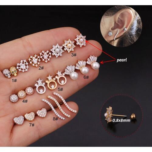 1Pc Imitation pearls Gold/Rose Silver Color Stainless Steel CZ Ear Tragus Daith Cartilage Piercing Jewelry Earring For Women
